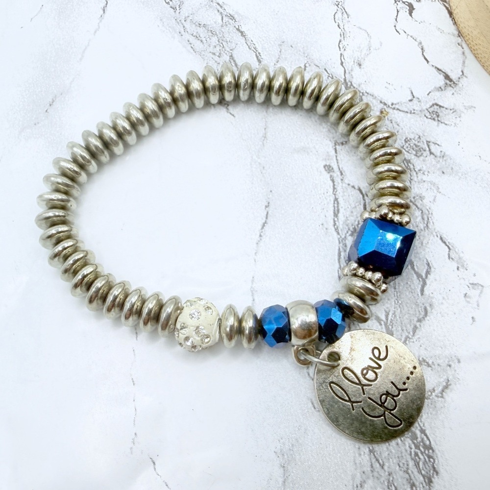 I Love You Charm Bracelet Silver Tone Blue Beads Metal Stretch 7 Inch